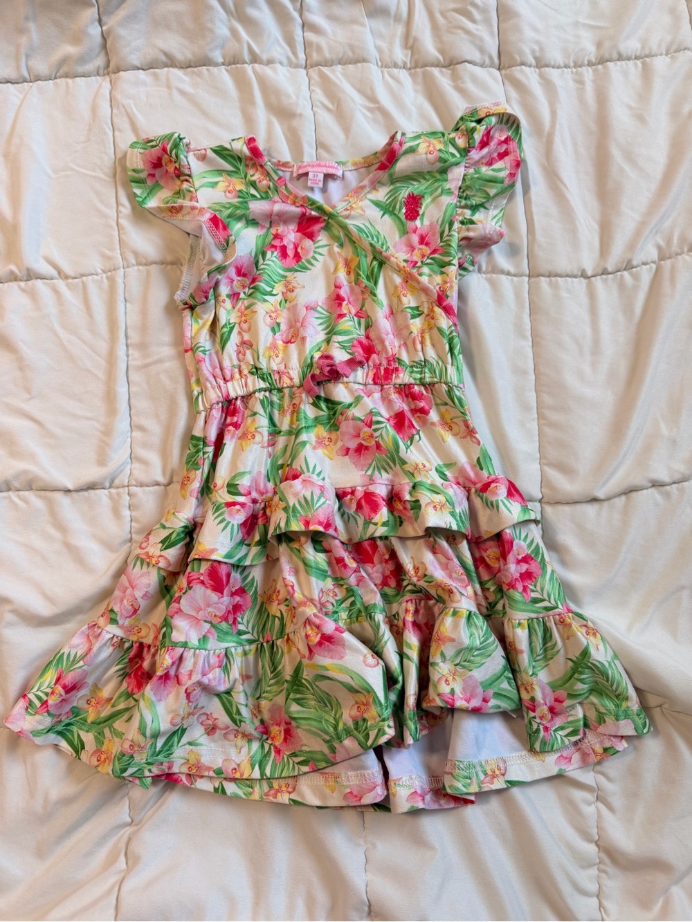 Floral Ruffle Tiered Girls Dress - Pink & Green